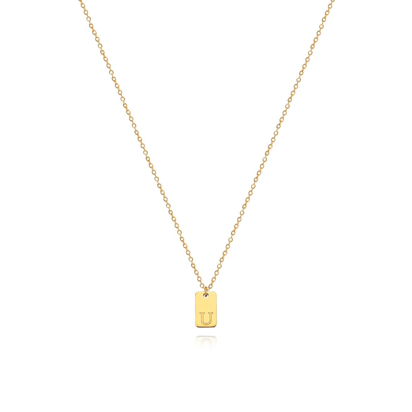 Tiny Square Engraved Letter Necklace, Stainless Steel Gold Plated